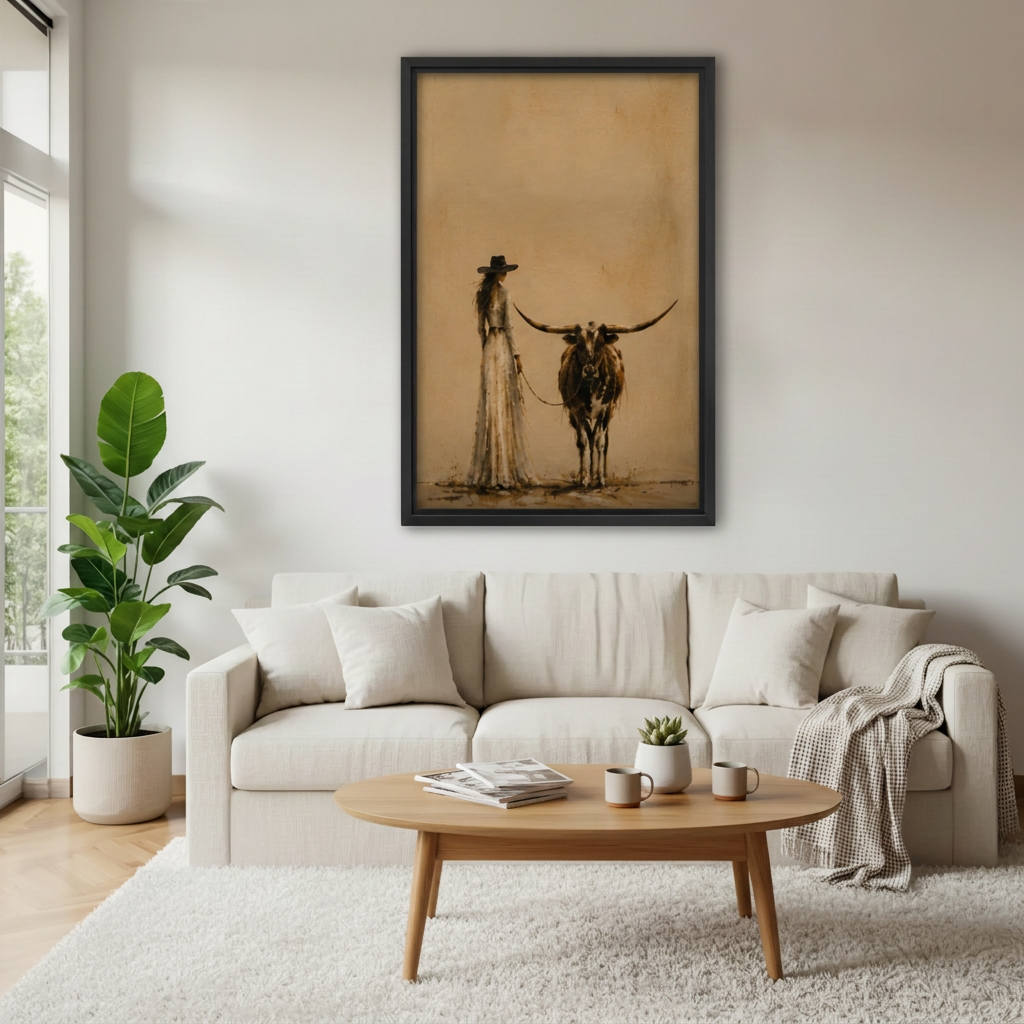  Framed cowgirl and longhorn canvas above a cream sofa.