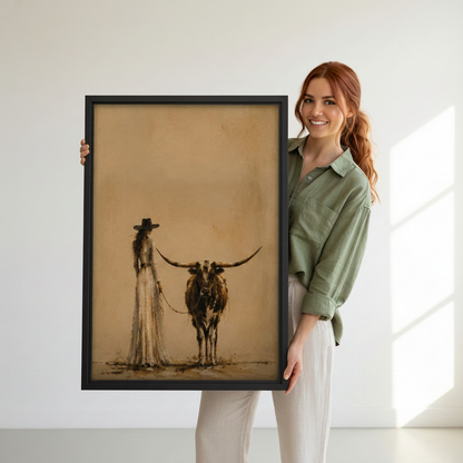  Woman holding framed cowgirl and longhorn canvas wall art.
