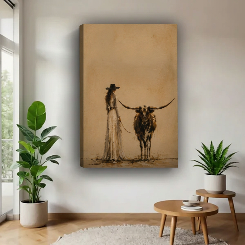Unframed cowgirl and longhorn canvas on a warm tan background.
