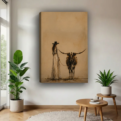 Unframed cowgirl and longhorn canvas on a warm tan background.