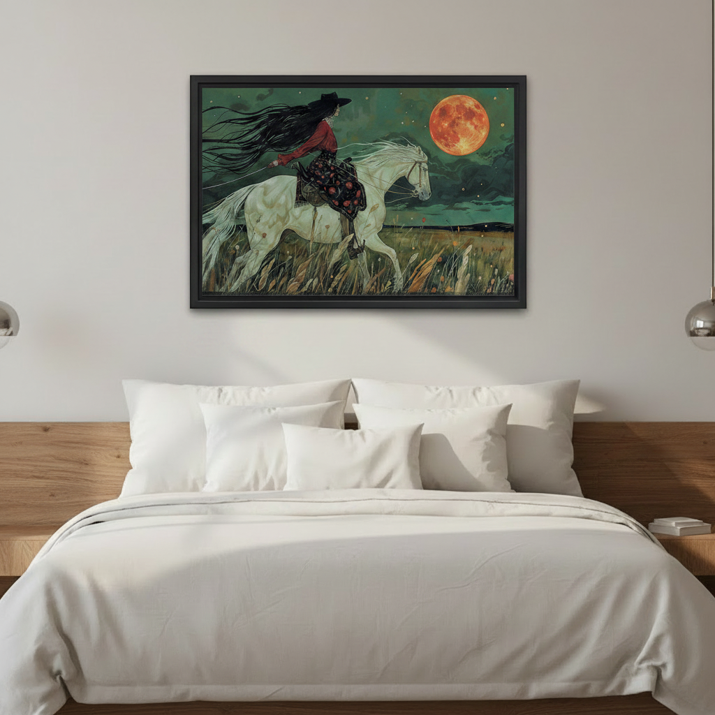 Black framed dramatic cowgirl on white horse canvas print hung above a white linen bed in a modern bedroom with wooden headboard and silver wall sconces, depicting a wild ride through a starry meadow under a fiery full moon