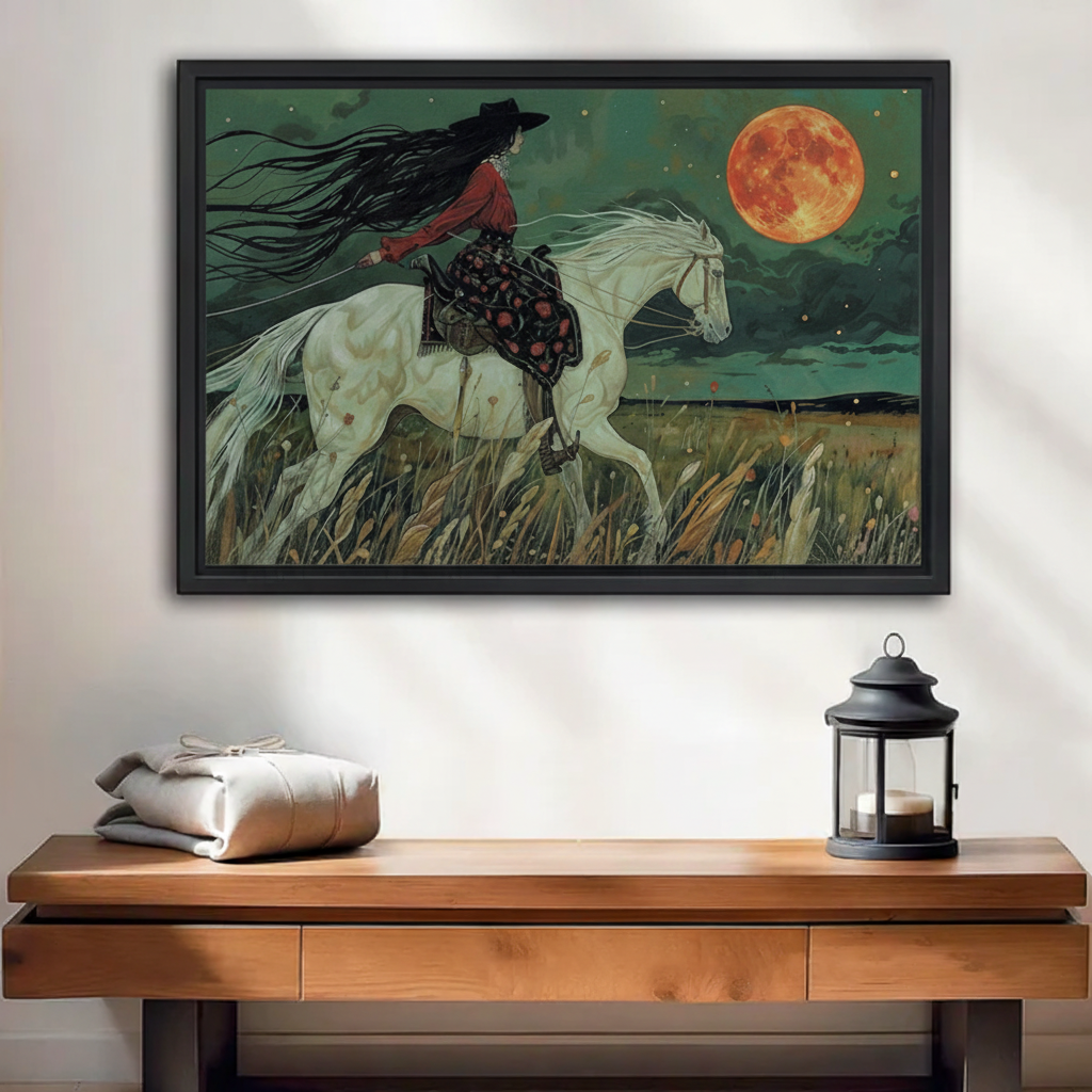 Black framed canvas art of a wild-haired cowgirl in a red shirt and floral skirt galloping on a white horse through a moonlit meadow under a glowing blood moon, displayed above a rustic wooden console table with a lantern