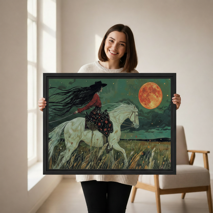 Woman holding a large black-framed canvas art print of a cowgirl with windswept black hair riding a white horse through a moonlit grassland under a glowing orange blood moon in a dark teal night sky