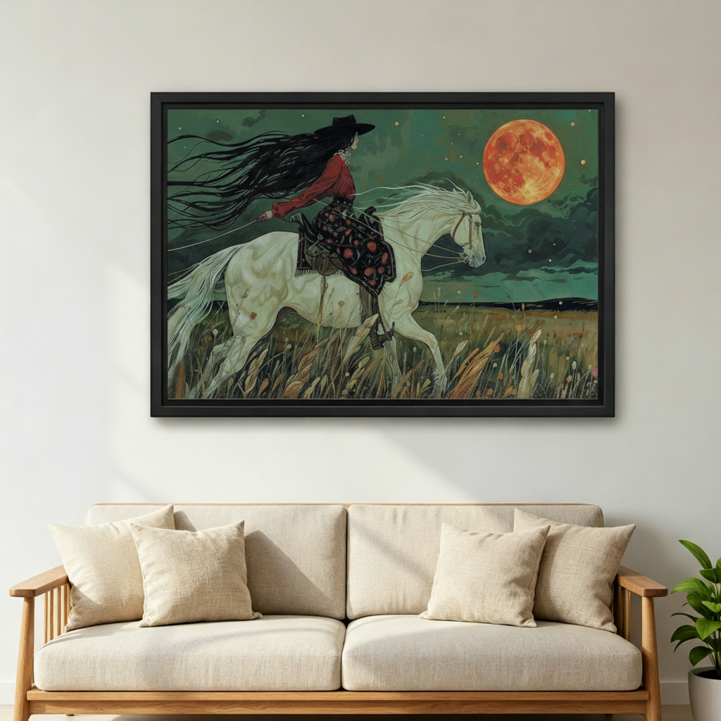 Black framed cowgirl and white horse moonlit ride canvas print hung above a natural linen sofa in a bright living room, featuring a woman in a red top and floral skirt galloping through a starlit meadow with a vivid blood moon