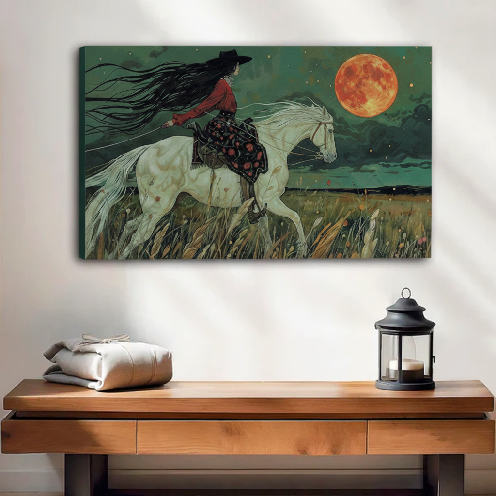 Frameless gallery-wrap canvas of a fearless cowgirl with long flowing black hair riding a white horse at full gallop through tall grass under a dramatic orange full moon and teal night sky, hung above a wooden console table
