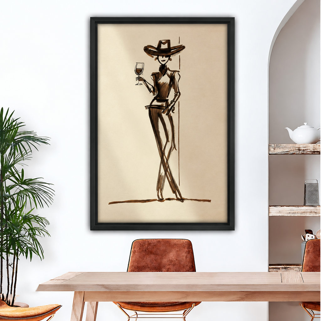 Minimalist ink sketch of stylish cowgirl in wide-brim hat holding wine glass framed canvas above wood dining table with brown leather chairs