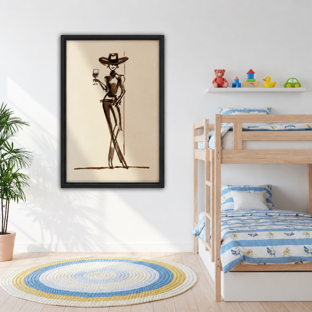 Elegant cowgirl in wide-brim hat holding wine glass minimalist ink sketch on tan background framed canvas beside kids bunk bed with blue striped bedding