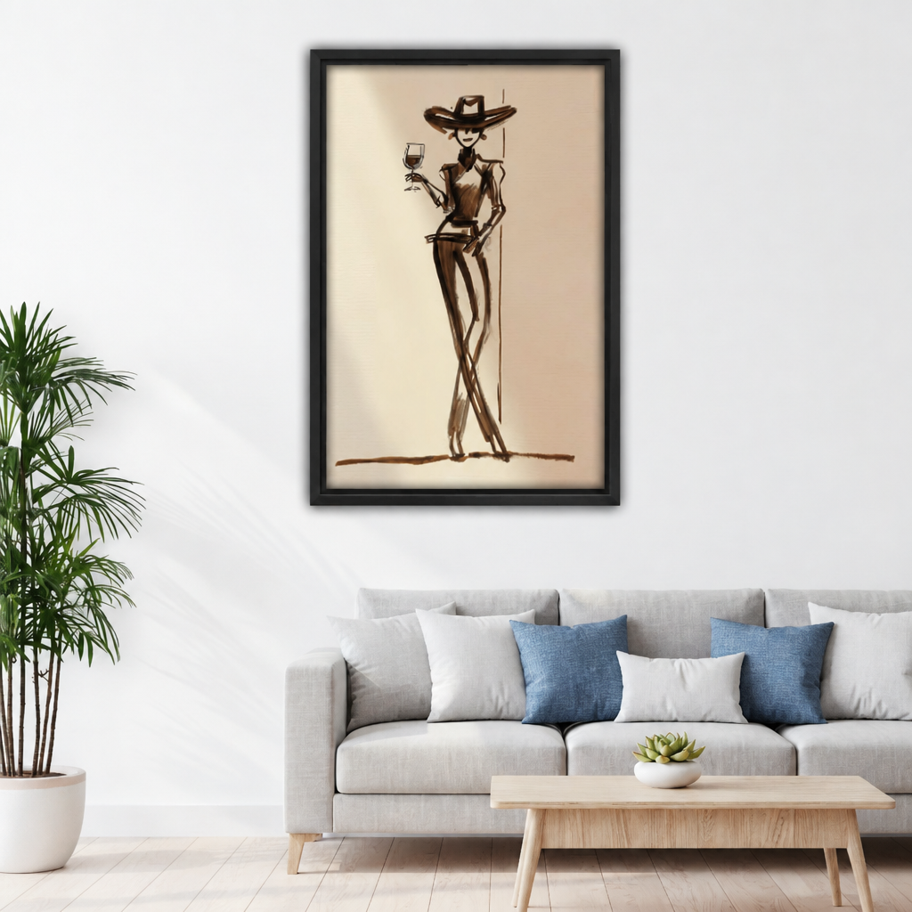 Minimalist ink drawing of stylish cowgirl in wide-brim hat with wine glass on warm beige background framed canvas above grey sofa with blue pillows