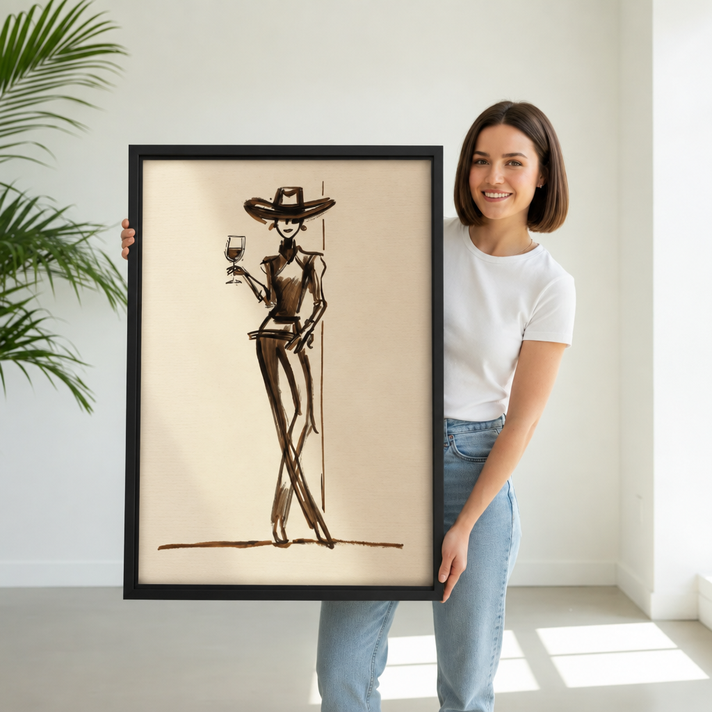 Smiling woman holding large vertical framed canvas of minimalist ink sketch of elegant cowgirl in wide-brim hat holding a wine glass on warm tan background