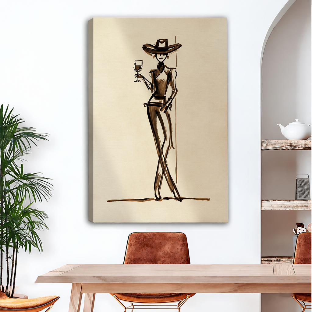 Frameless gallery wrap canvas of minimalist ink sketch of stylish cowgirl in wide-brim hat holding wine glass on warm beige background above wood dining table with brown leather chairs⠋