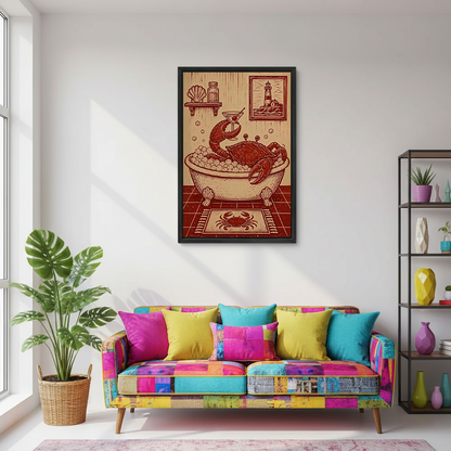 Black-framed crab bubble bath canvas wall art above a toilet against marble tiles, showing a crab raising a cocktail.