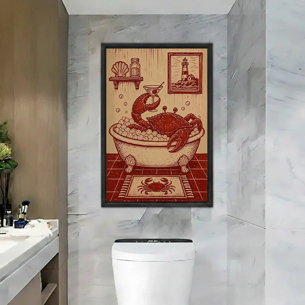 Black-framed vintage crab bubble bath canvas wall art above a colorful patchwork sofa, featuring a red crab and cocktail.