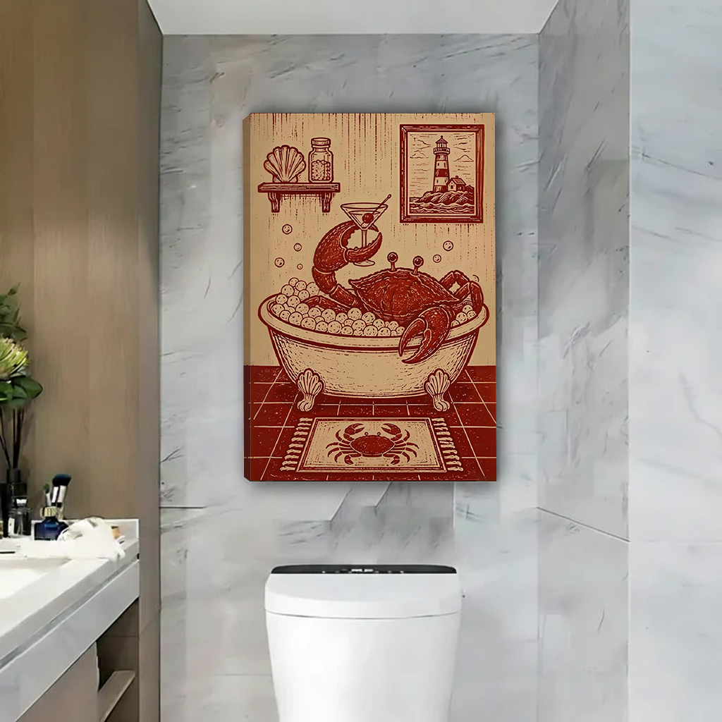 Gallery-wrapped crab bubble bath canvas wall art above a toilet in a marble bathroom, featuring coastal details.