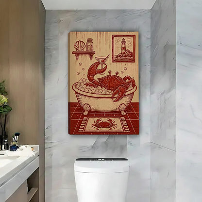 Gallery-wrapped crab bubble bath canvas wall art above a toilet in a marble bathroom, featuring coastal details.