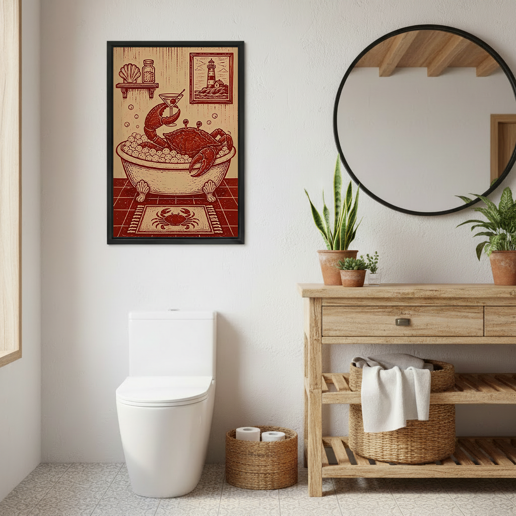 Black-framed vintage crab bubble bath canvas wall art beside a round mirror and wooden vanity in a bright bathroom.