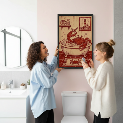 Two women smiling beside black-framed crab bubble bath canvas wall art above a toilet in a pink bathroom.
