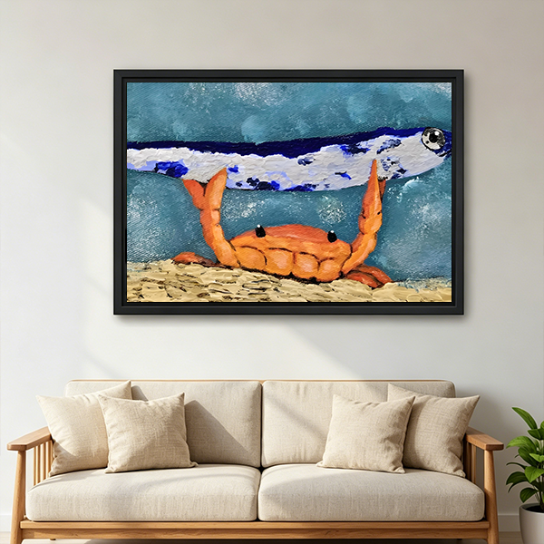 Framed crab and fish canvas wall art with a teal-blue backdrop displayed above a bed with white bedding.