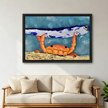 Framed crab and fish canvas wall art with a teal-blue backdrop displayed above a bed with white bedding.