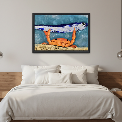 Black-framed crab and fish canvas wall art featuring bold orange and blue brushwork hanging above a cream sofa.