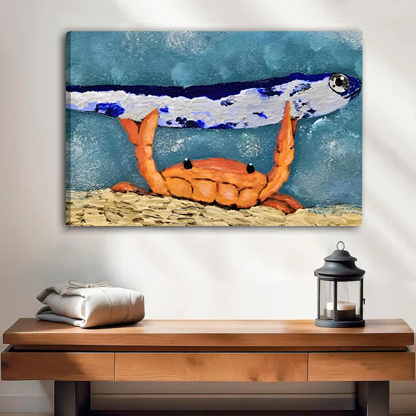 Gallery-wrap crab and fish canvas wall art featuring an orange crab holding a blue-white fish above a wooden console.