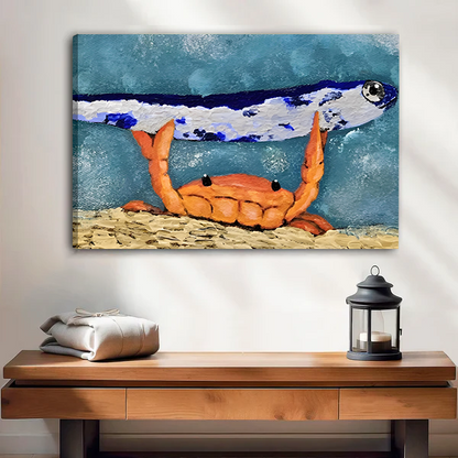 Gallery-wrap crab and fish canvas wall art featuring an orange crab holding a blue-white fish above a wooden console.