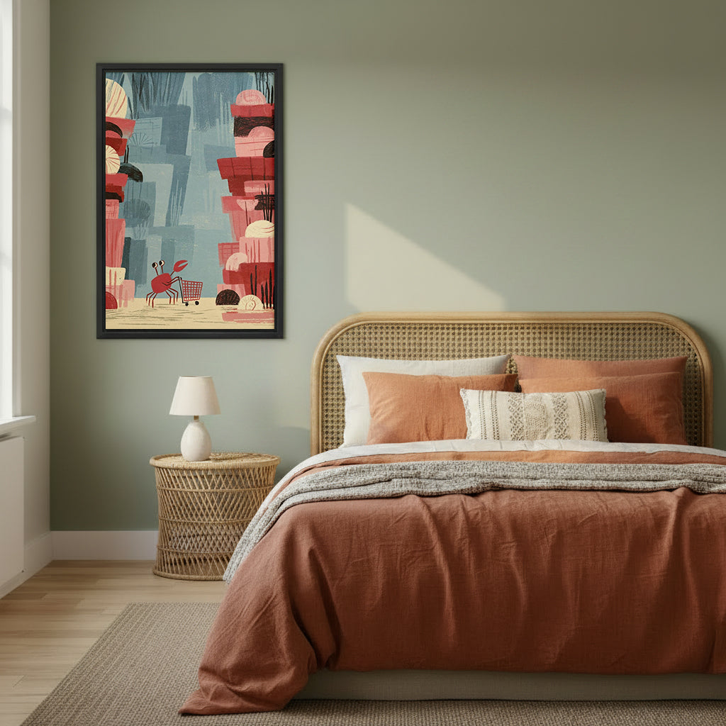 Framed crab shopping cart canvas wall art in a sage green bedroom