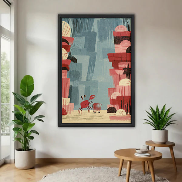 Black-framed crab shopping cart canvas wall art on a white wall beside plants