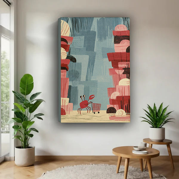 Gallery-wrap crab shopping cart canvas wall art in a bright plant-filled corner