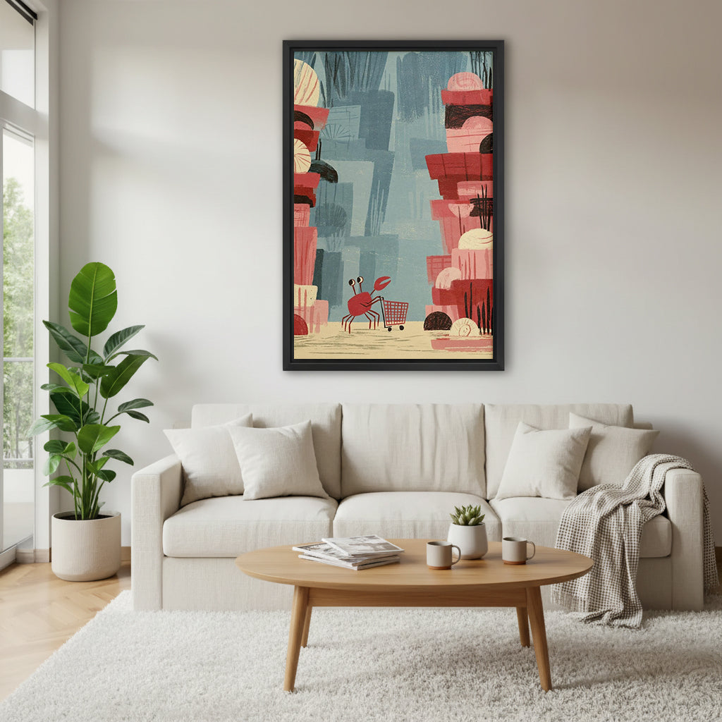 Whimsical crab shopping cart canvas wall art above a cream living room sofa