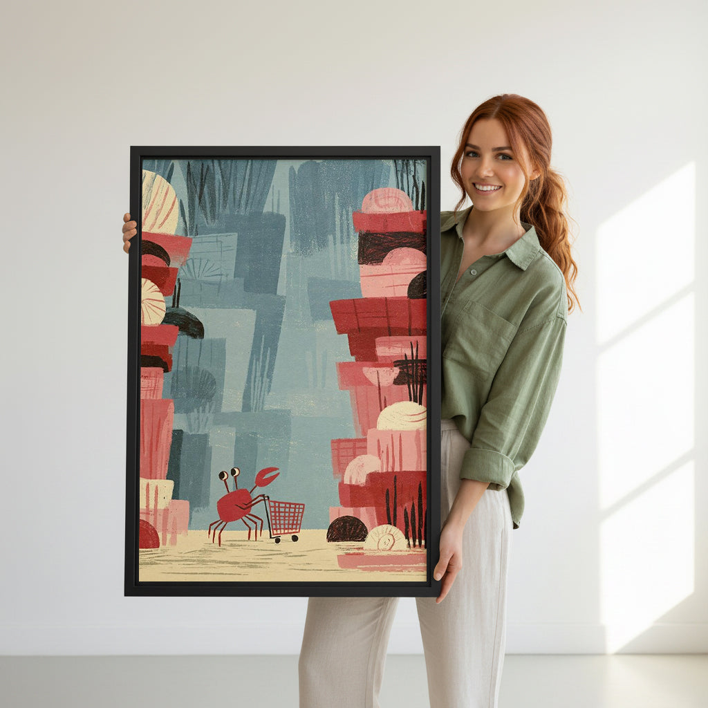 Model holding crab shopping cart canvas wall art for size reference