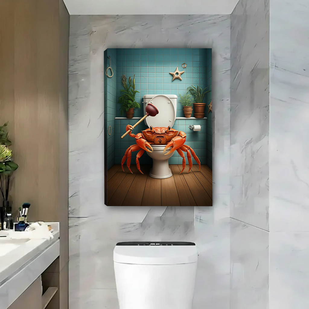 Black-framed crab toilet canvas wall art featuring an orange crab holding a plunger above a toilet in a marble bathroom.