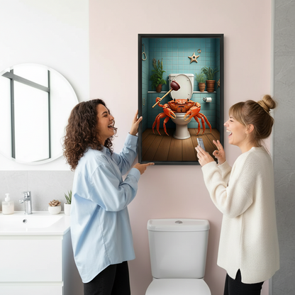 Framed crab toilet canvas wall art with teal tiles and an orange crab above a colorful living room sofa.