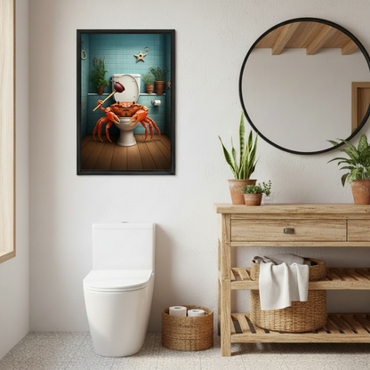 Two women smiling beside black-framed crab toilet canvas wall art displayed on a pink bathroom wall.