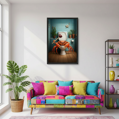Gallery-wrap crab toilet canvas wall art depicting an orange crab with a plunger, displayed against gray marble walls.