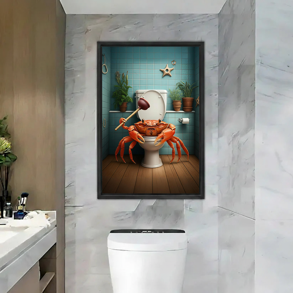 Whimsical crab toilet canvas wall art in a black frame beside a wooden vanity and round bathroom mirror.