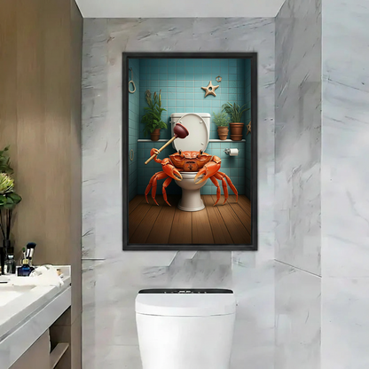 Whimsical crab toilet canvas wall art in a black frame beside a wooden vanity and round bathroom mirror.