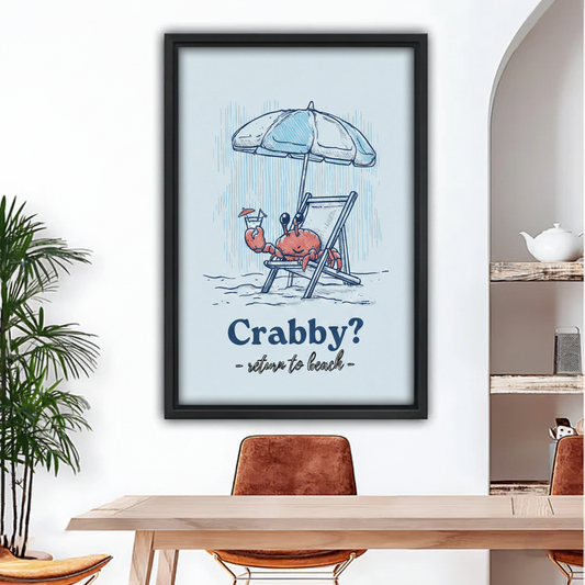 Framed crabby crab beach canvas wall art with black frame on white wall