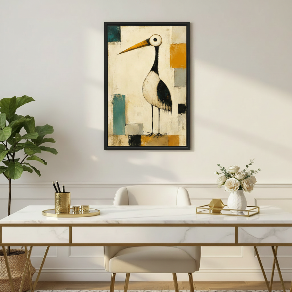 Crane bird geometric wall art framed canvas displayed in modern home office