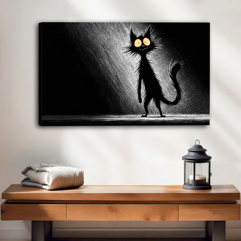 Frameless canvas wrap of dramatic black cat sketch with spotlight effect, dark humor wall art for entryway decor