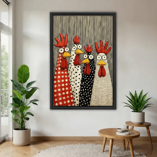  Funny folk art chicken illustration in black frame hanging in bright minimalist living room with green plants