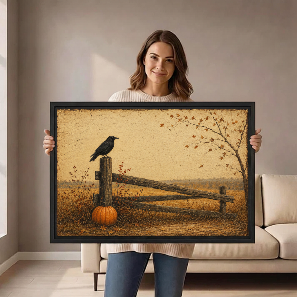 Woman holding horizontal framed canvas of black crow on rustic fence post with orange pumpkin in amber autumn field with falling leaves