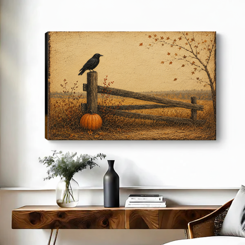 Frameless canvas of black crow on rustic split-rail fence beside orange pumpkin in warm amber autumn field with bare tree above walnut console table