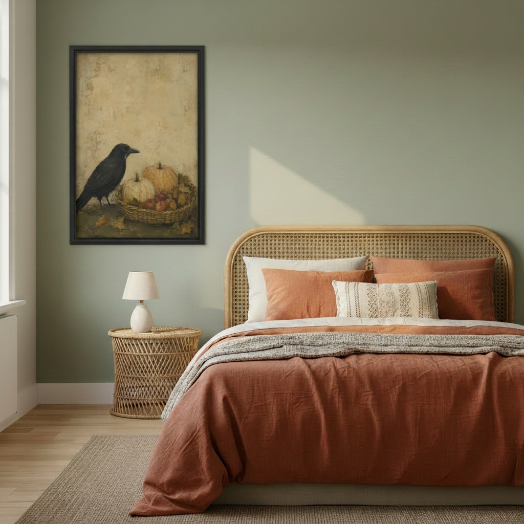 Framed crow and pumpkin canvas beside a rattan bed.