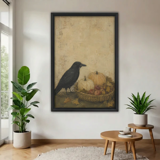 Framed crow and pumpkin canvas beside indoor plants.