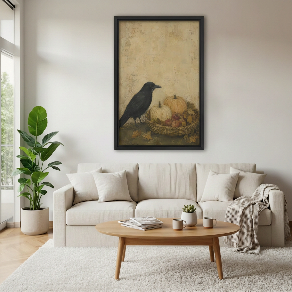 Framed crow and pumpkin canvas above a cream sofa.