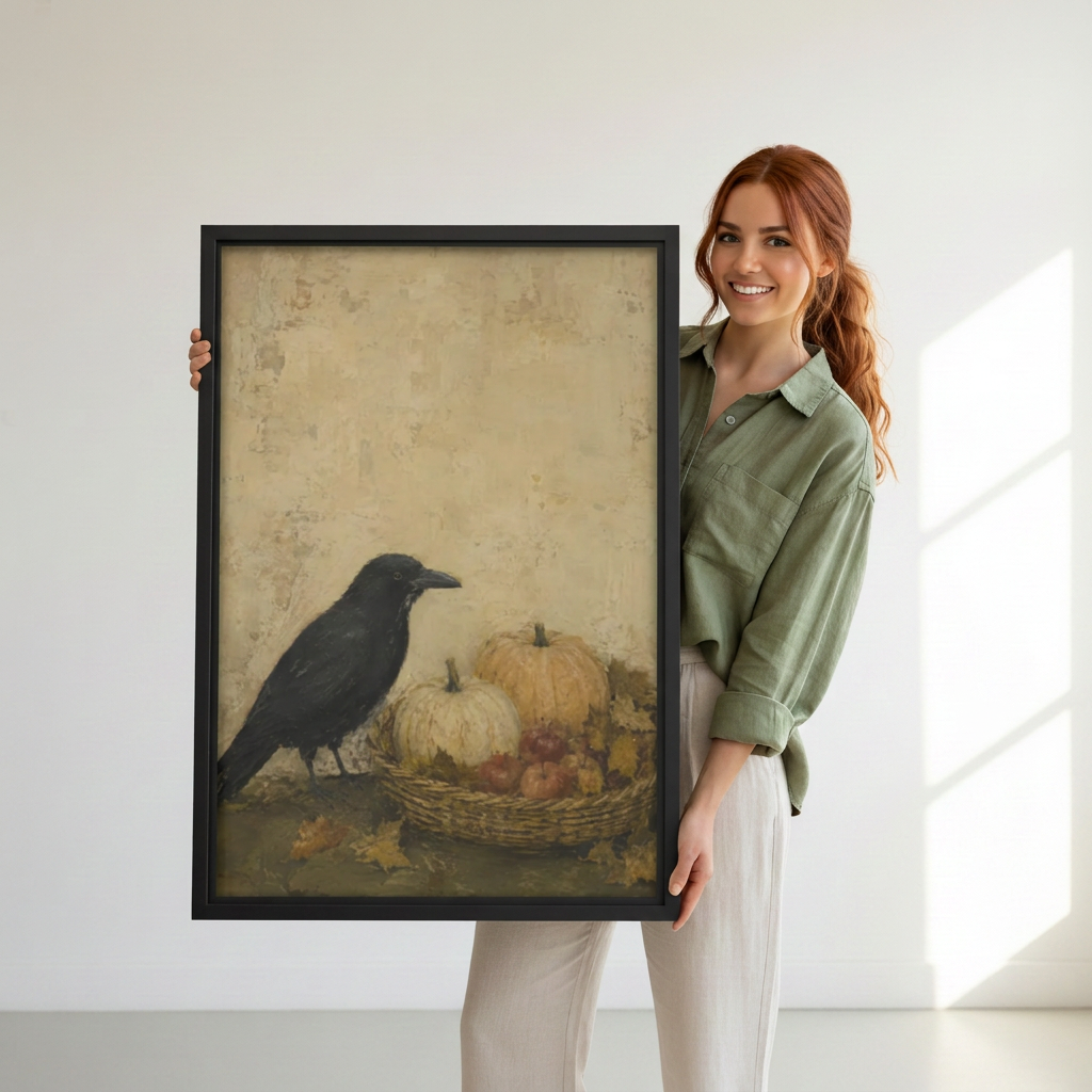 Woman holding framed crow and pumpkin canvas wall art.