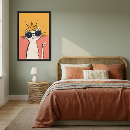 Crowned cat canvas wall art in a black frame above a cream sofa and coffee table.