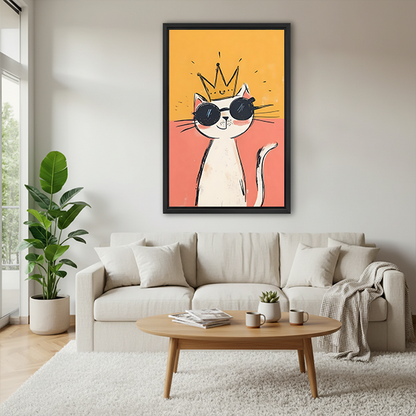 Framed crowned cat canvas wall art hangs beside a bed with a woven headboard.