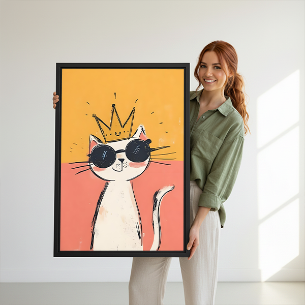 Woman holding framed crowned cat canvas wall art with a white cat and bright yellow background.