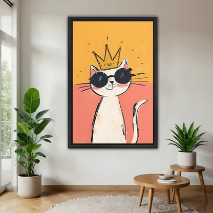 Framed crowned cat canvas wall art with sunglasses and coral background displayed between potted plants.